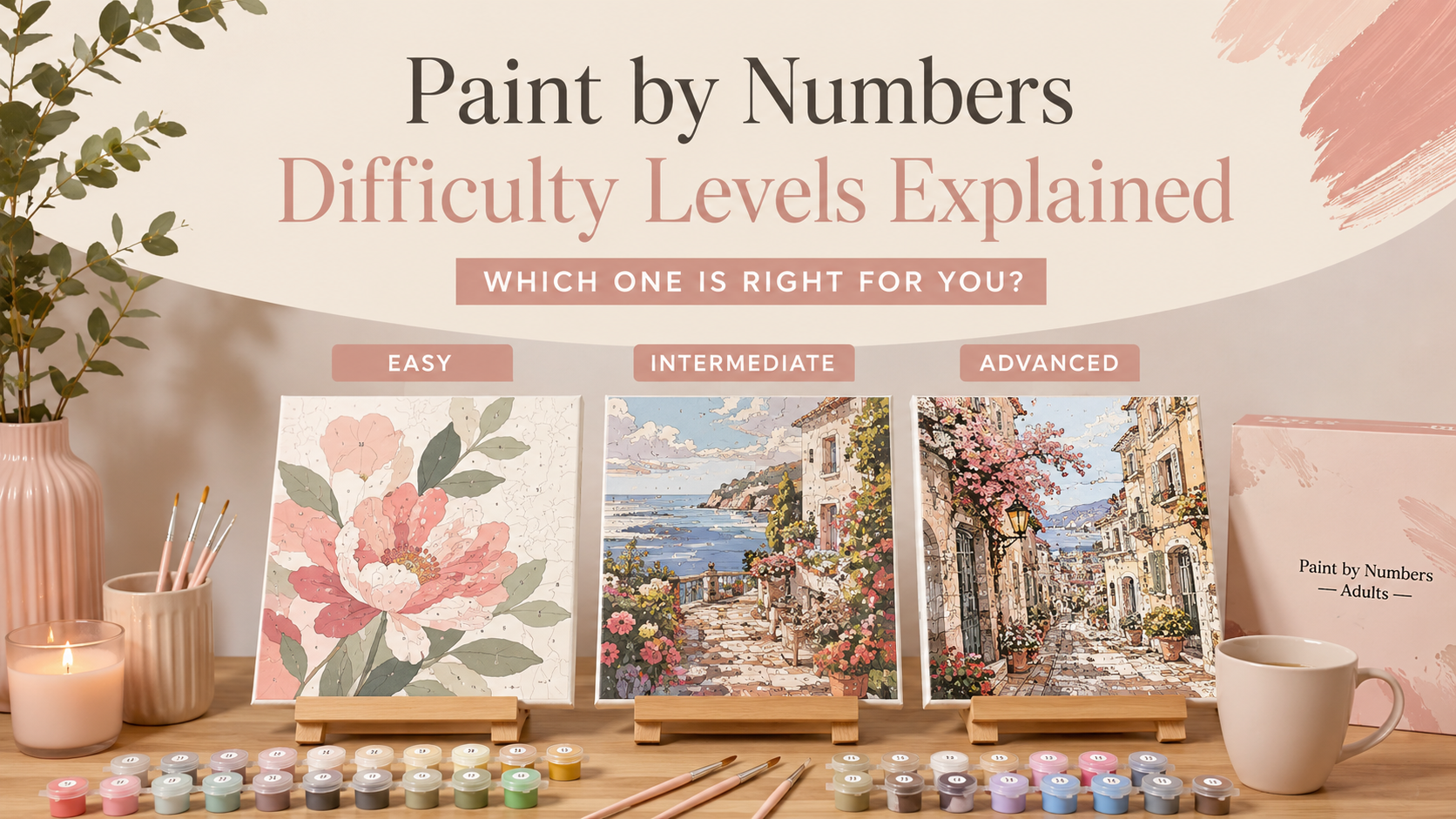 Paint by numbers difficulty levels comparison showing easy, intermediate, and advanced canvases with paint pots and brushes in a modern pastel studio setting