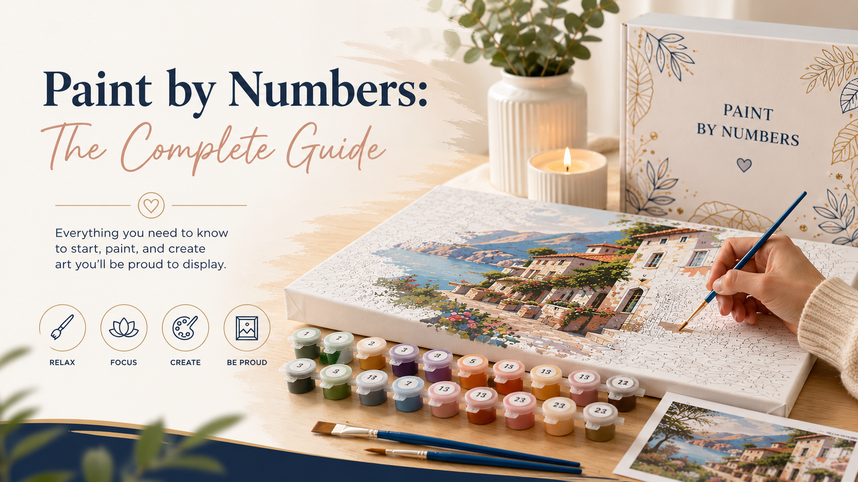 Paint by numbers guide showing an adult painting a numbered canvas with acrylic paints and brushes at a creative workspace