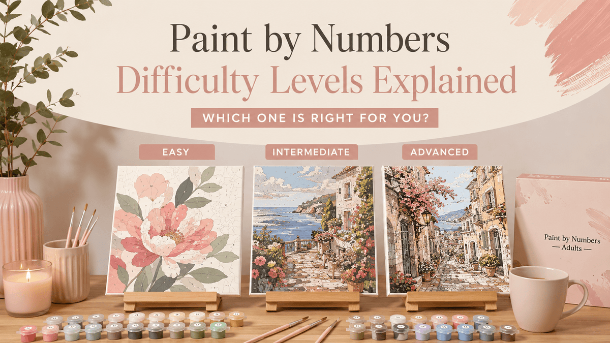 Paint by numbers difficulty levels comparison showing easy, intermediate, and advanced canvases with paint pots and brushes in a modern pastel studio setting