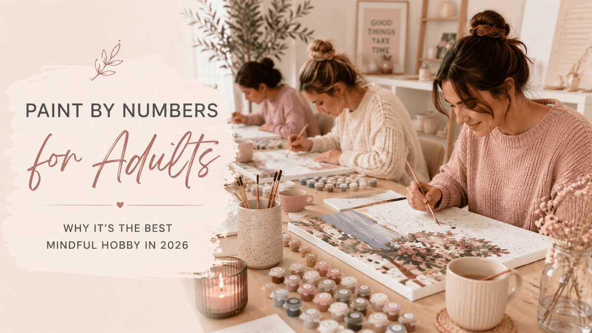 Adults painting detailed paint by numbers kits at a workshop table with brushes and acrylic paints