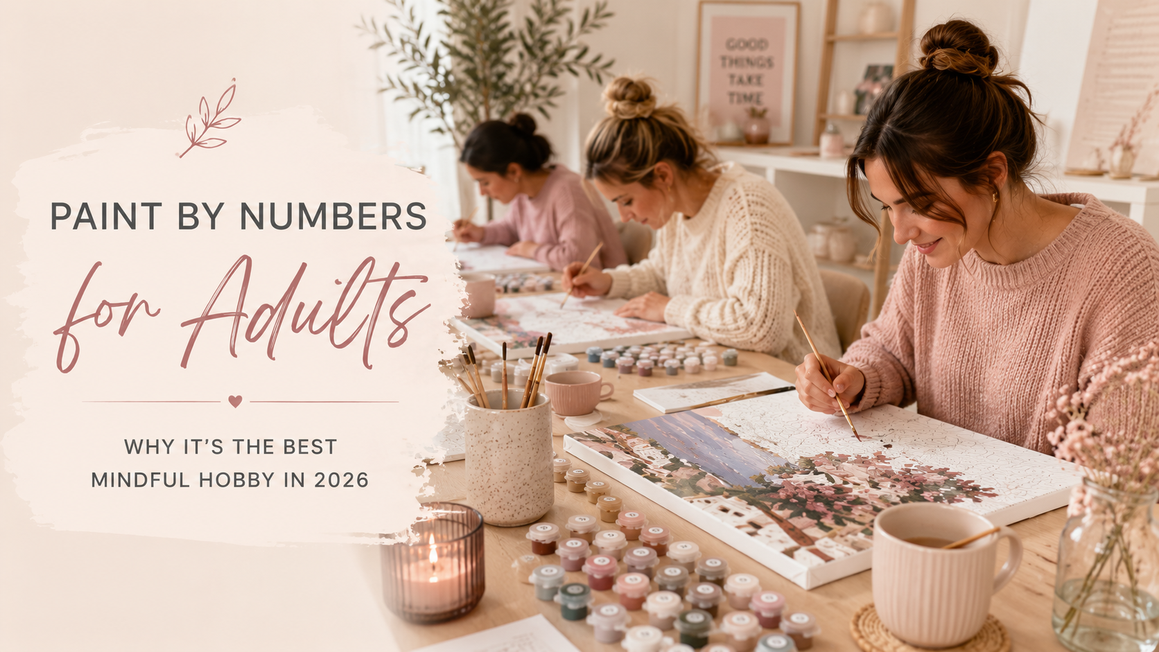 Adults painting detailed paint by numbers kits at a workshop table with brushes and acrylic paints
