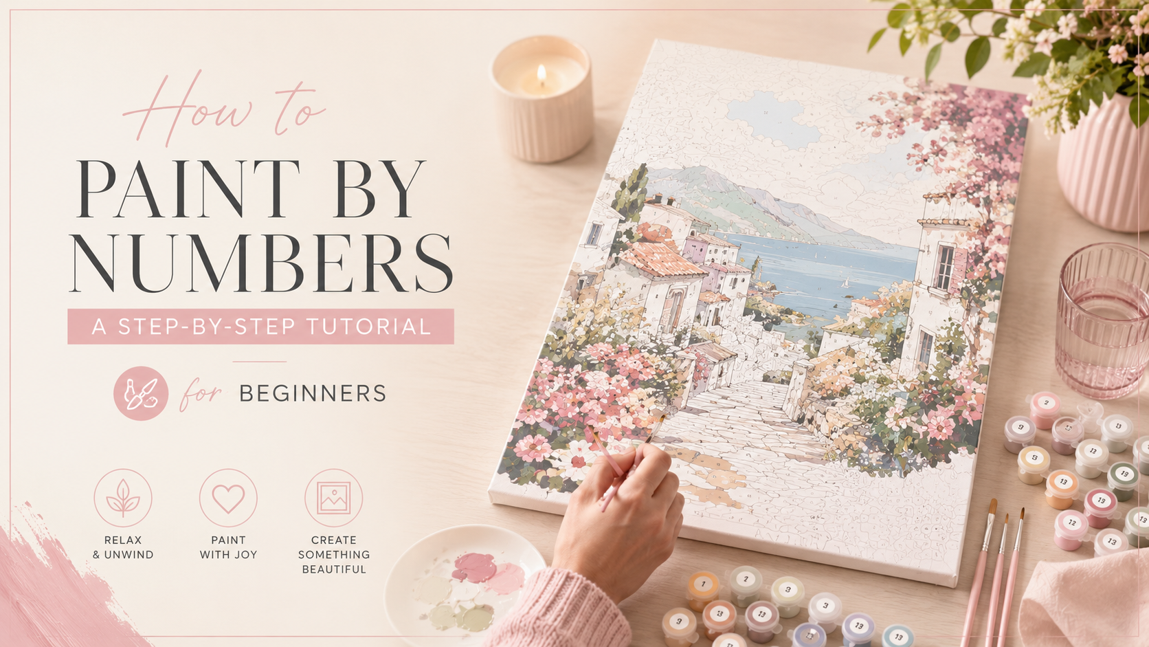 Beginner painting a pastel paint by numbers canvas with numbered acrylic paints and brushes on a clean, modern workspace.