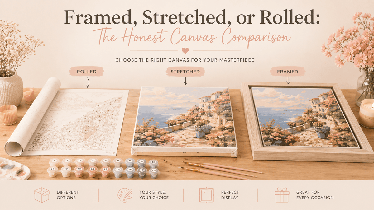 "Comparison of rolled, stretched, and framed paint by numbers canvases displayed on a workshop table with paint pots and brushes."