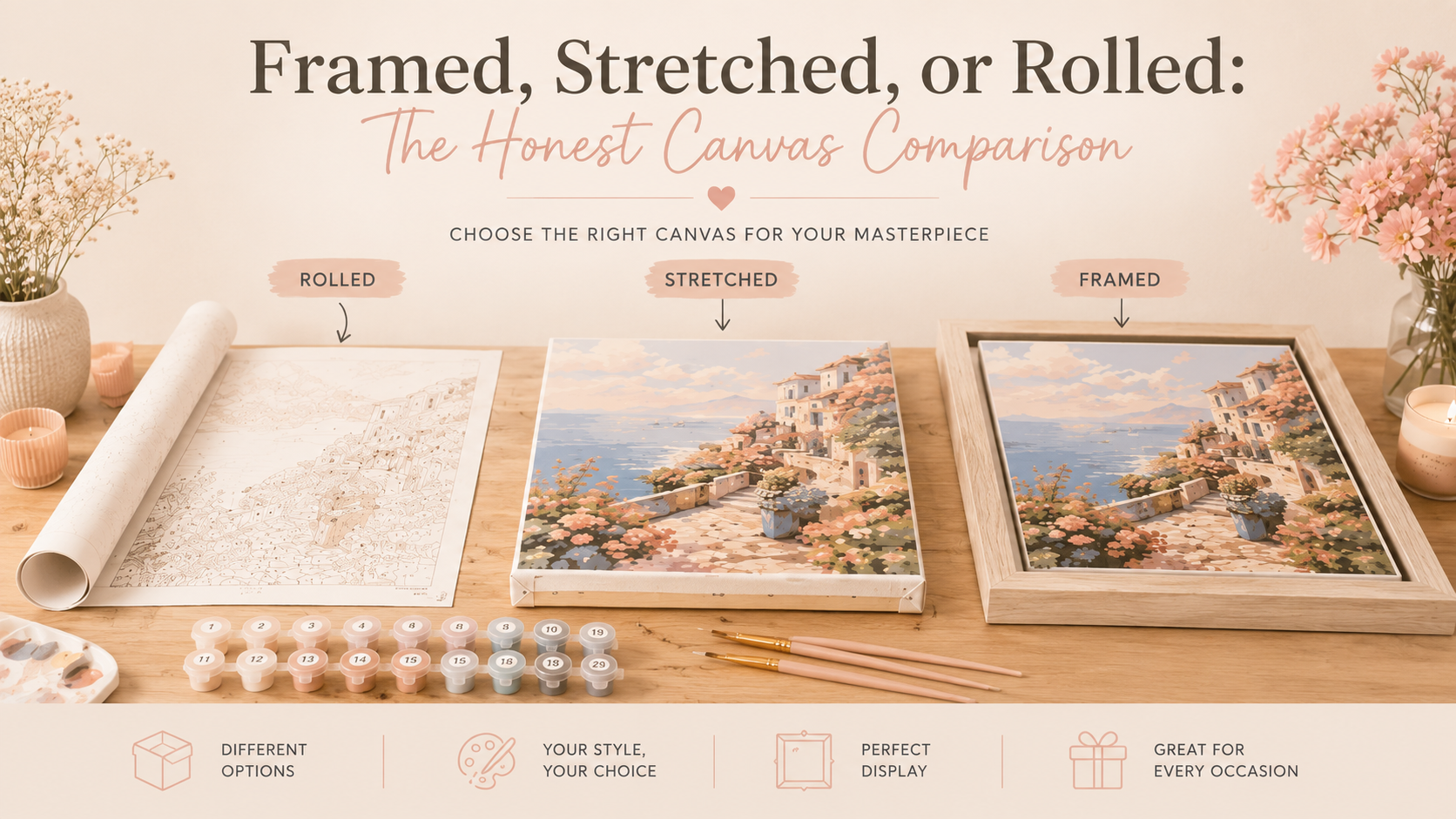 "Comparison of rolled, stretched, and framed paint by numbers canvases displayed on a workshop table with paint pots and brushes."